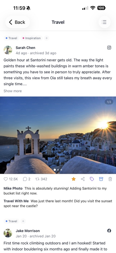 Post detail with comments and media carousel